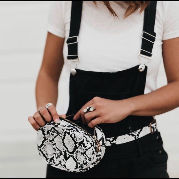 Snake skin patterned Oval-shaped waist bag w/chain - Picture 3 of 7